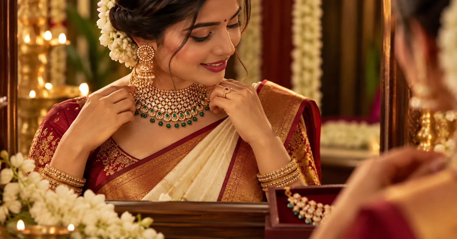 Bride wearing a gold and emerald wedding necklace from Aadhar Gold & Diamonds